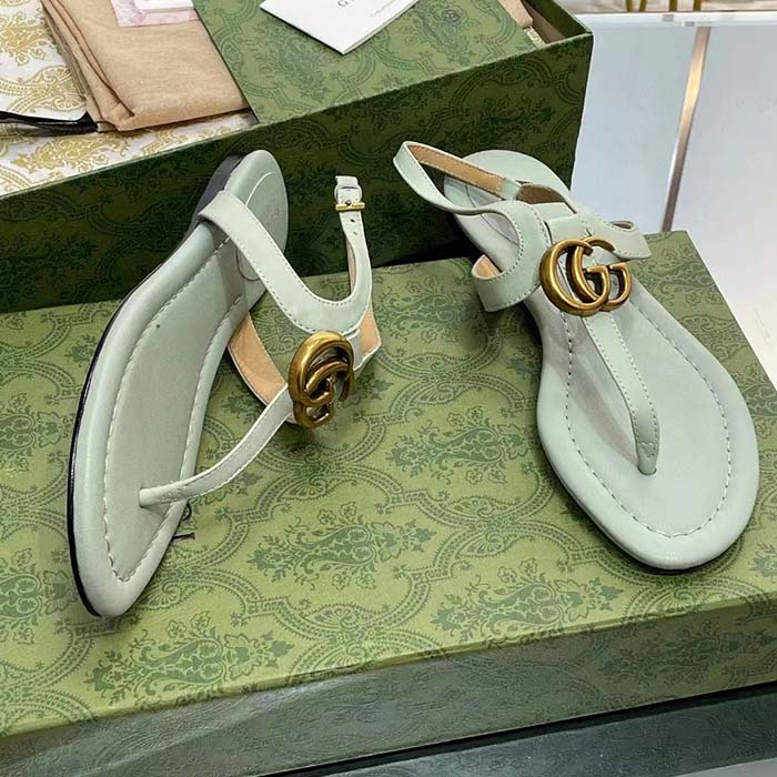 G*u*i women gg double g thong sandal light green leather flat 0.5 cm heel