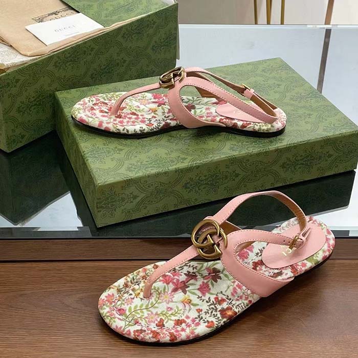 G*u*i women gg double g thong sandal pink leather flat 0.5 cm heel