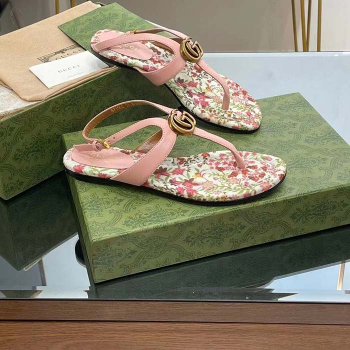 G*u*i women gg double g thong sandal pink leather flat 0.5 cm heel