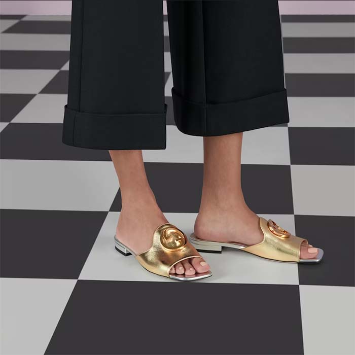 G*u*i women gg G*u*i nojum blondie slide metallic platinum leather round interlocking g flat