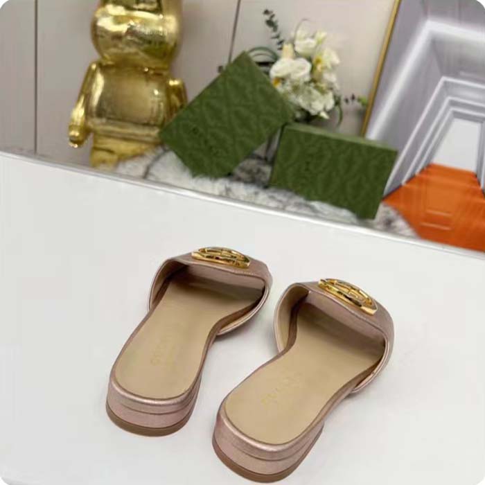 G*u*i women gg G*u*i nojum blondie slide metallic platinum leather round interlocking g flat