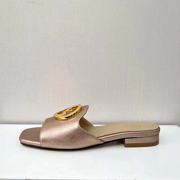 G*u*i women gg G*u*i nojum blondie slide metallic platinum leather round interlocking g flat