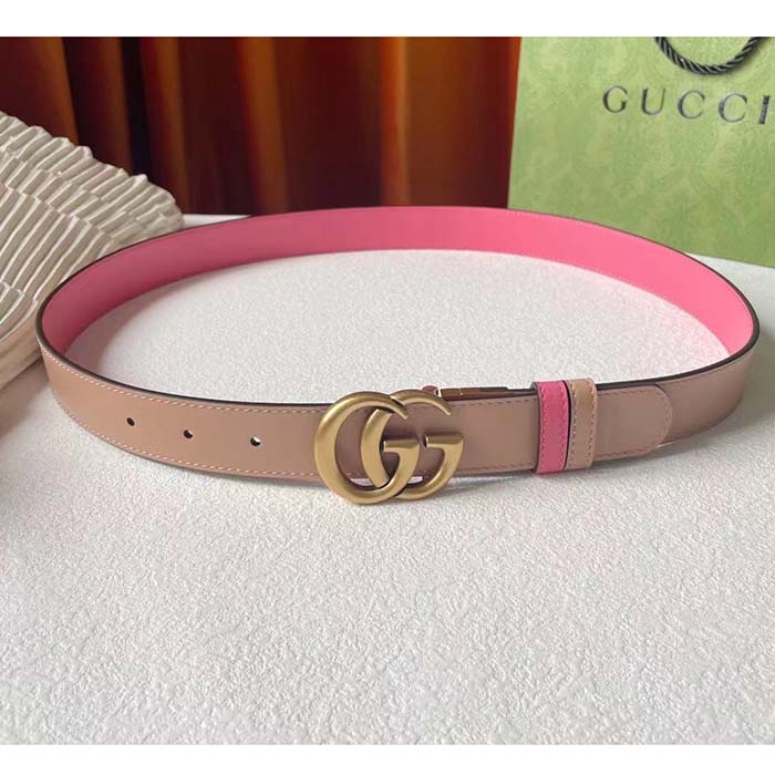 G*u*i women gg marmont reversible belt beige pink leather 3 cm width double g