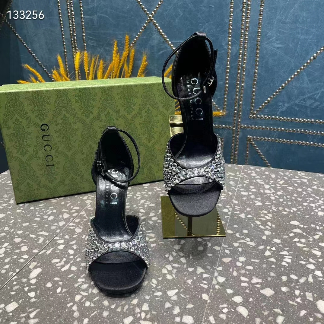 G*u*i women gg mid-heel sandals crystals black satin 11 cm heel double g