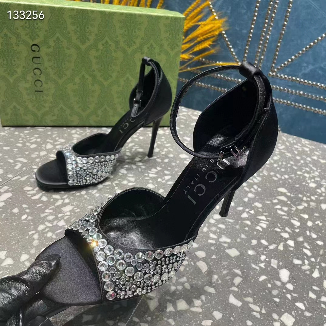 G*u*i women gg mid-heel sandals crystals black satin 11 cm heel double g