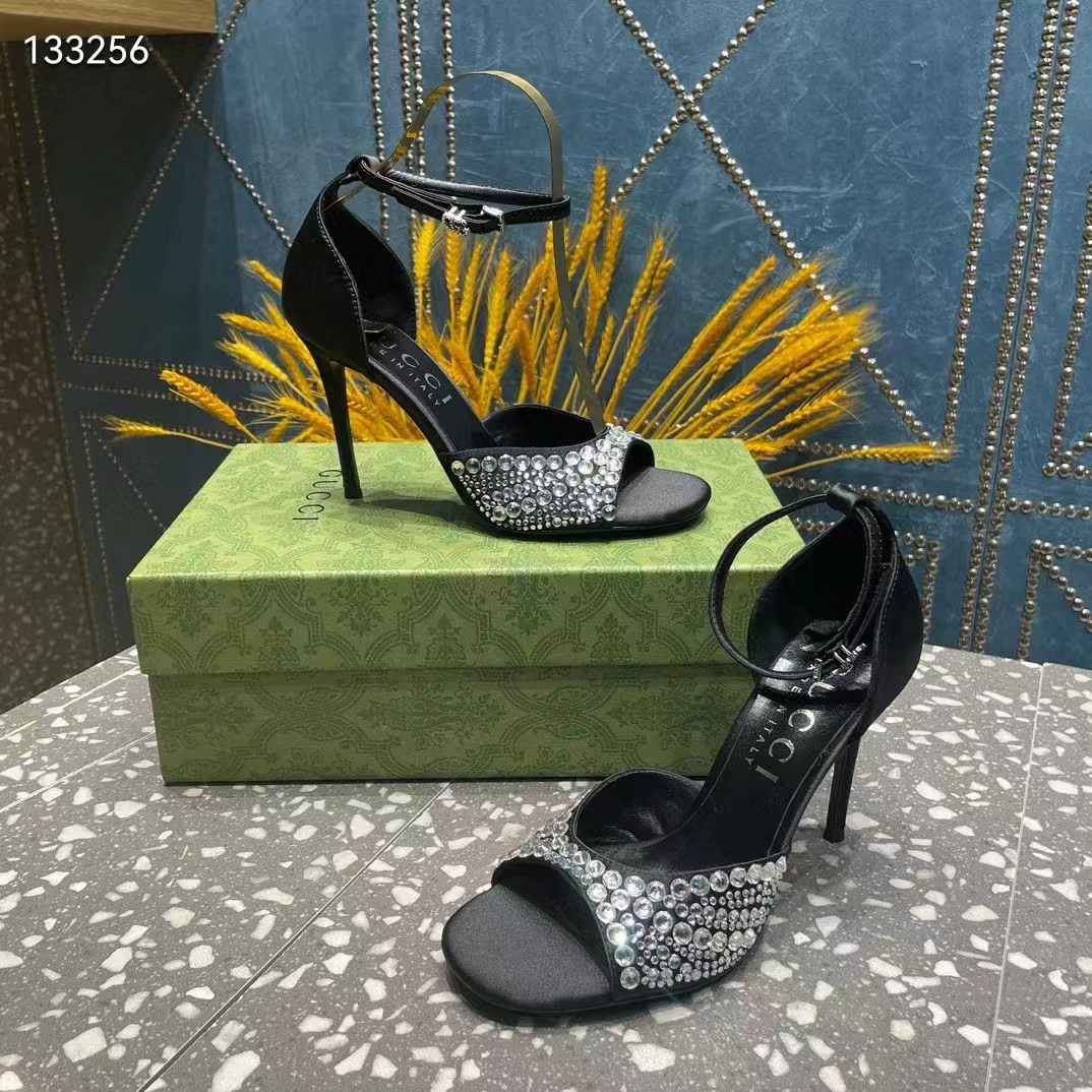 G*u*i women gg mid-heel sandals crystals black satin 11 cm heel double g