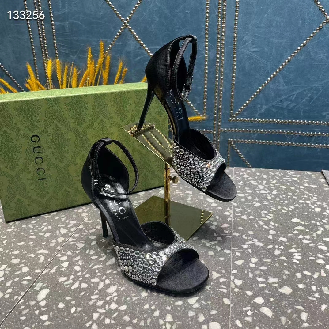 G*u*i women gg mid-heel sandals crystals black satin 11 cm heel double g