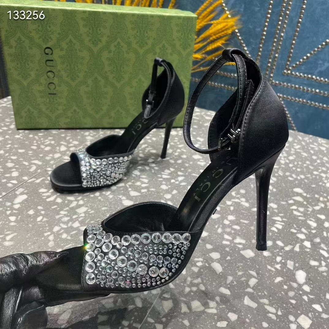 G*u*i women gg mid-heel sandals crystals black satin 11 cm heel double g