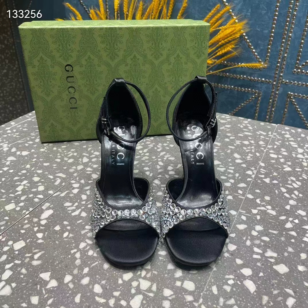 G*u*i women gg mid-heel sandals crystals black satin 11 cm heel double g