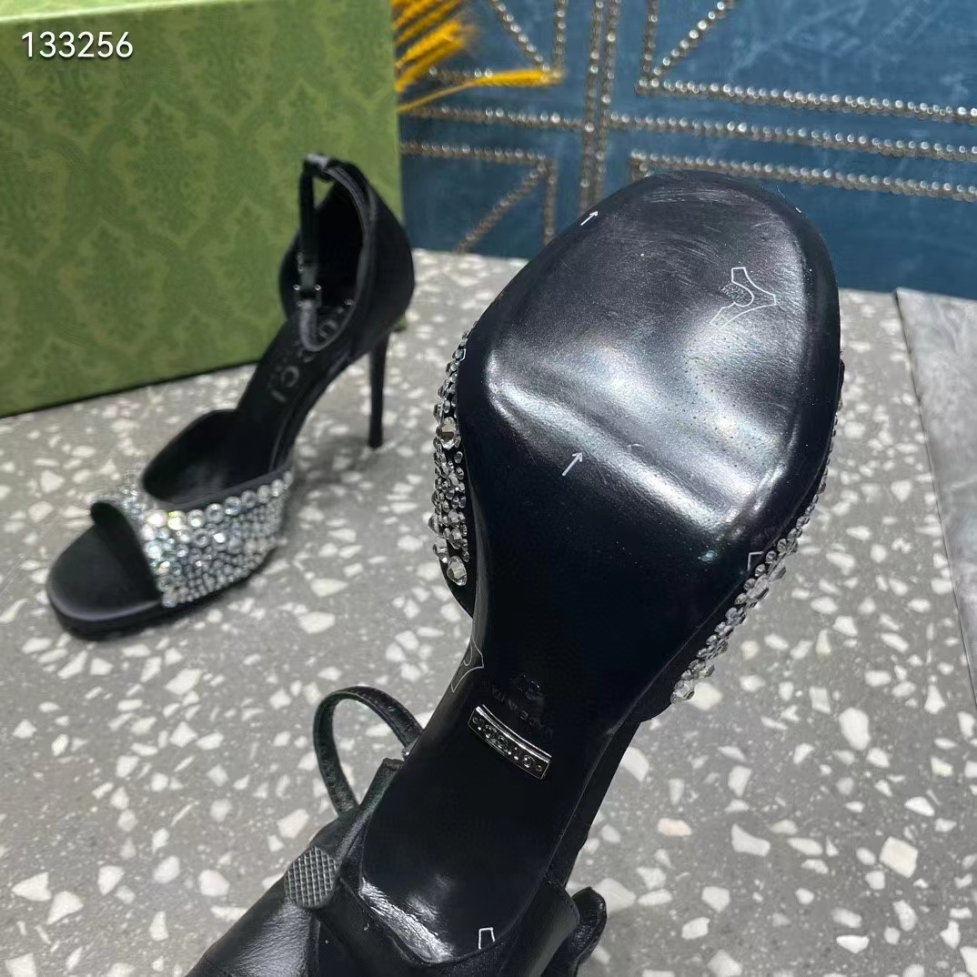 G*u*i women gg mid-heel sandals crystals black satin 11 cm heel double g