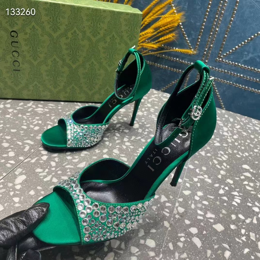 G*u*i women gg mid-heel sandals crystals emerald green satin 11 cm heel double g