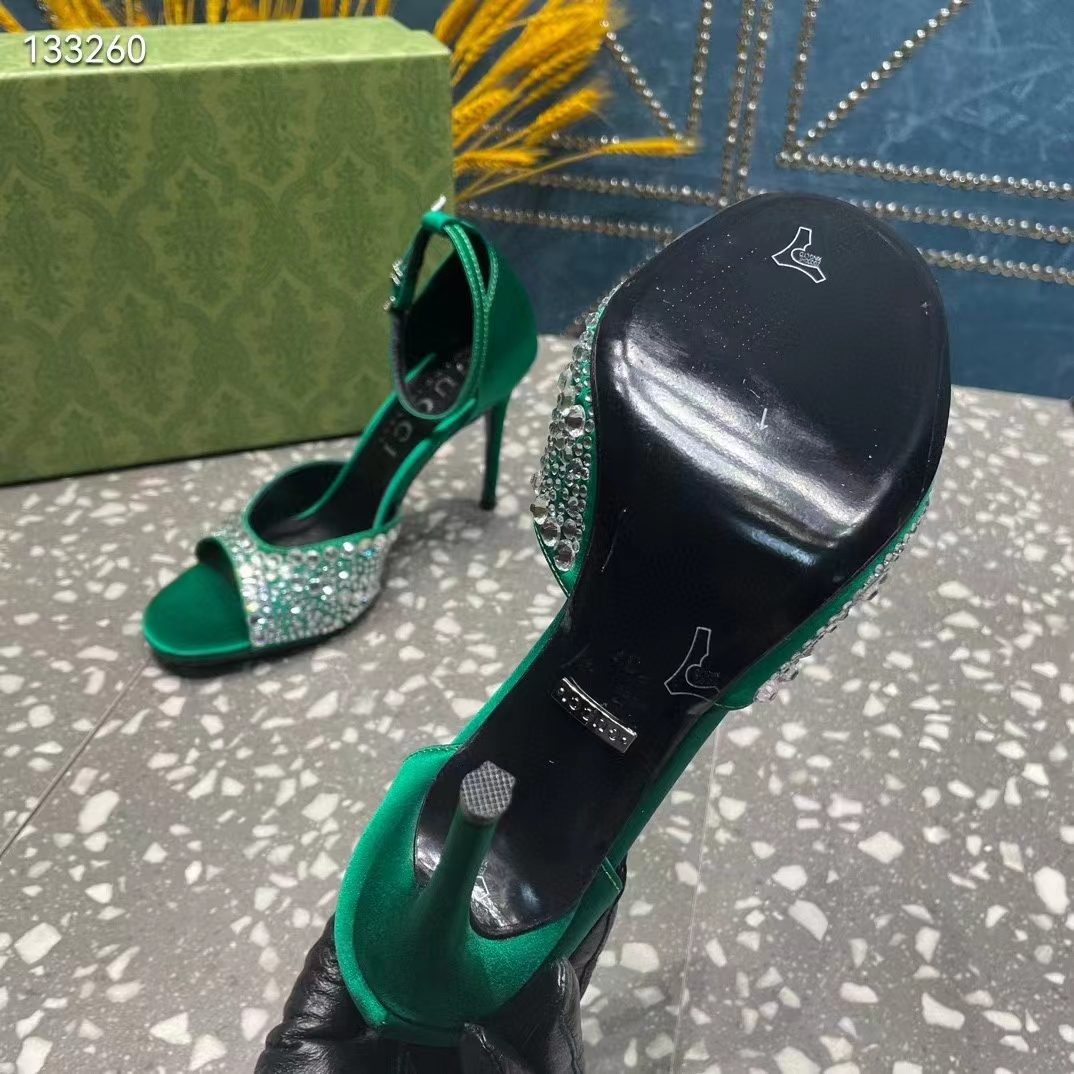 G*u*i women gg mid-heel sandals crystals emerald green satin 11 cm heel double g