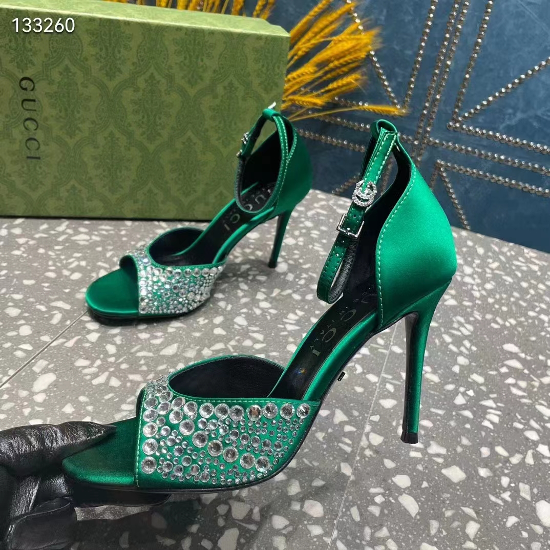 G*u*i women gg mid-heel sandals crystals emerald green satin 11 cm heel double g