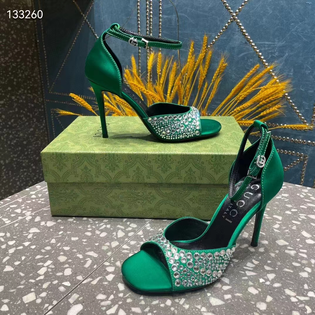 G*u*i women gg mid-heel sandals crystals emerald green satin 11 cm heel double g
