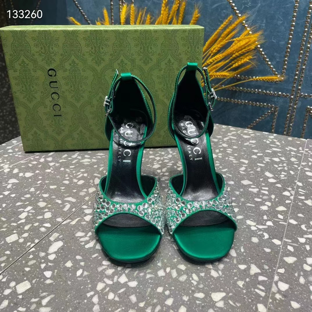 G*u*i women gg mid-heel sandals crystals emerald green satin 11 cm heel double g
