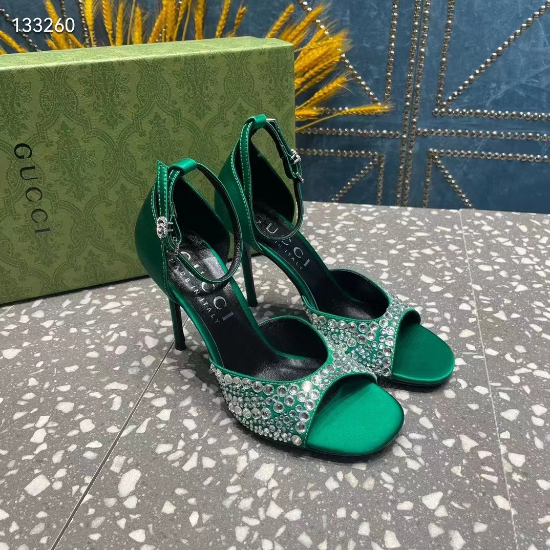 G*u*i women gg mid-heel sandals crystals emerald green satin 11 cm heel double g