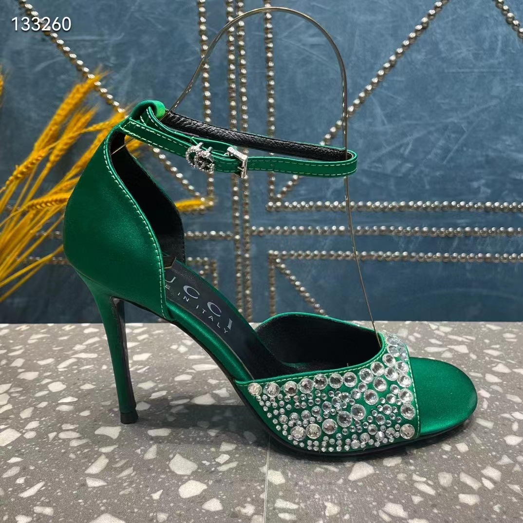 G*u*i women gg mid-heel sandals crystals emerald green satin 11 cm heel double g