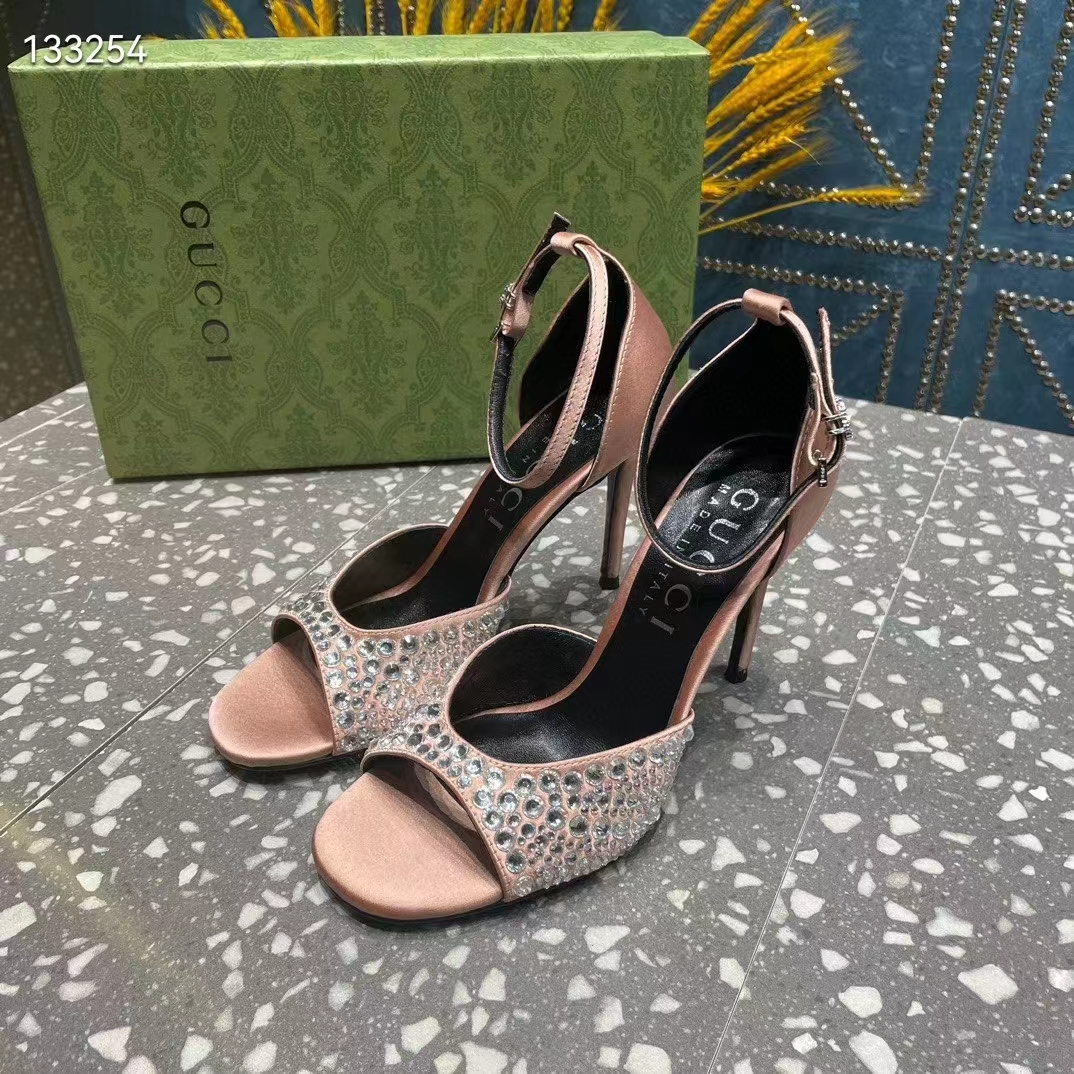 G*u*i women gg mid-heel sandals crystals silver satin 8 cm heel double g