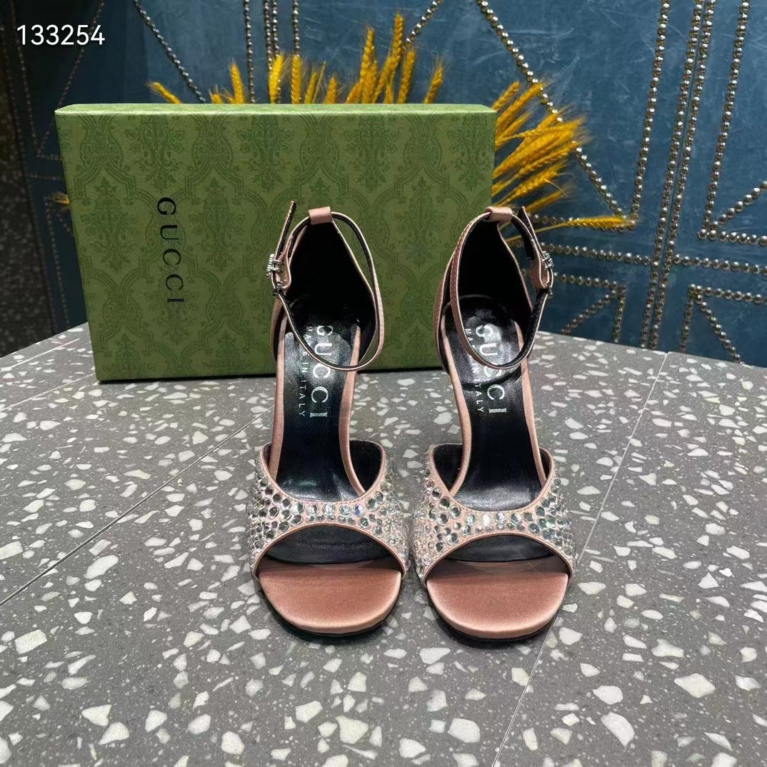 G*u*i women gg mid-heel sandals crystals silver satin 8 cm heel double g