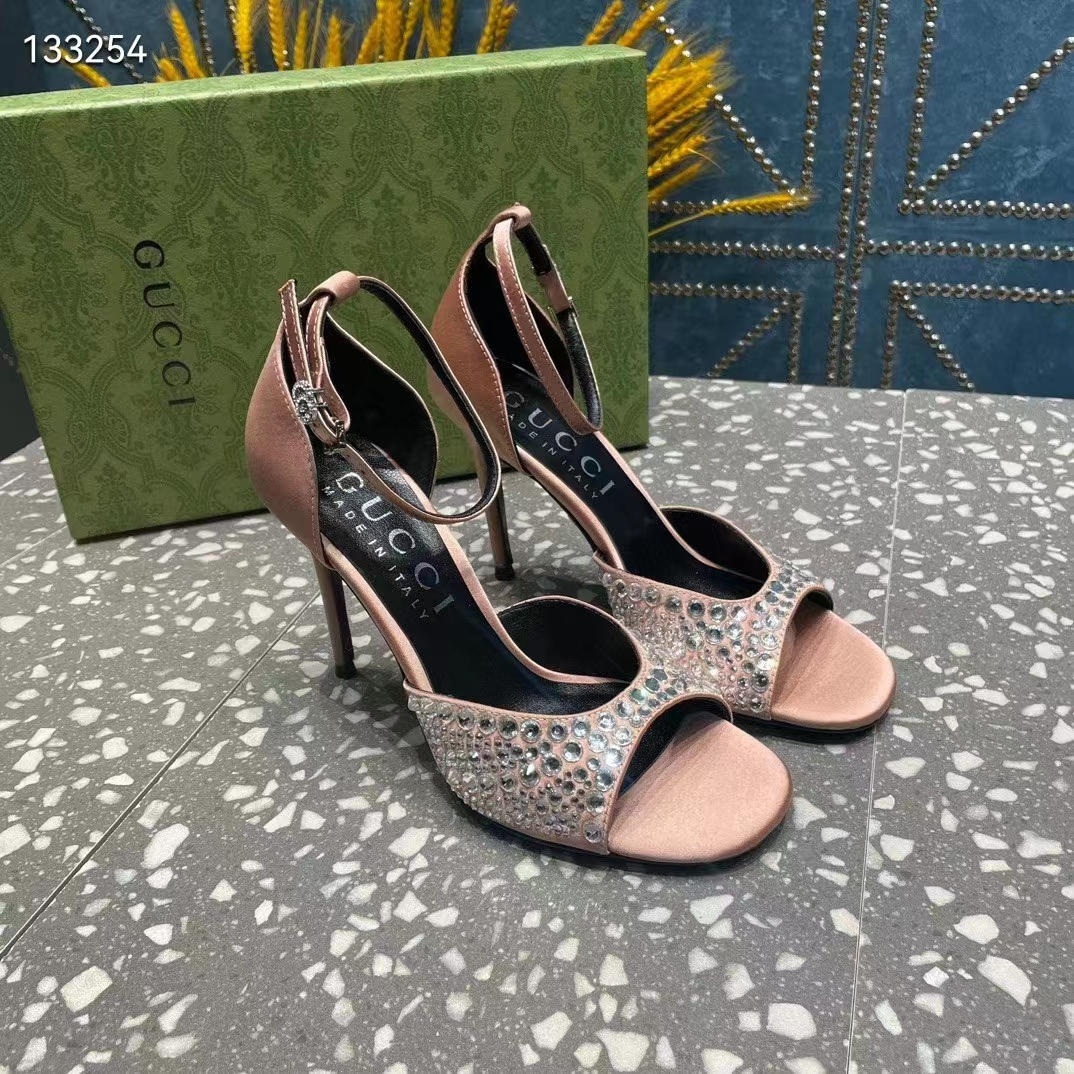 G*u*i women gg mid-heel sandals crystals silver satin 8 cm heel double g