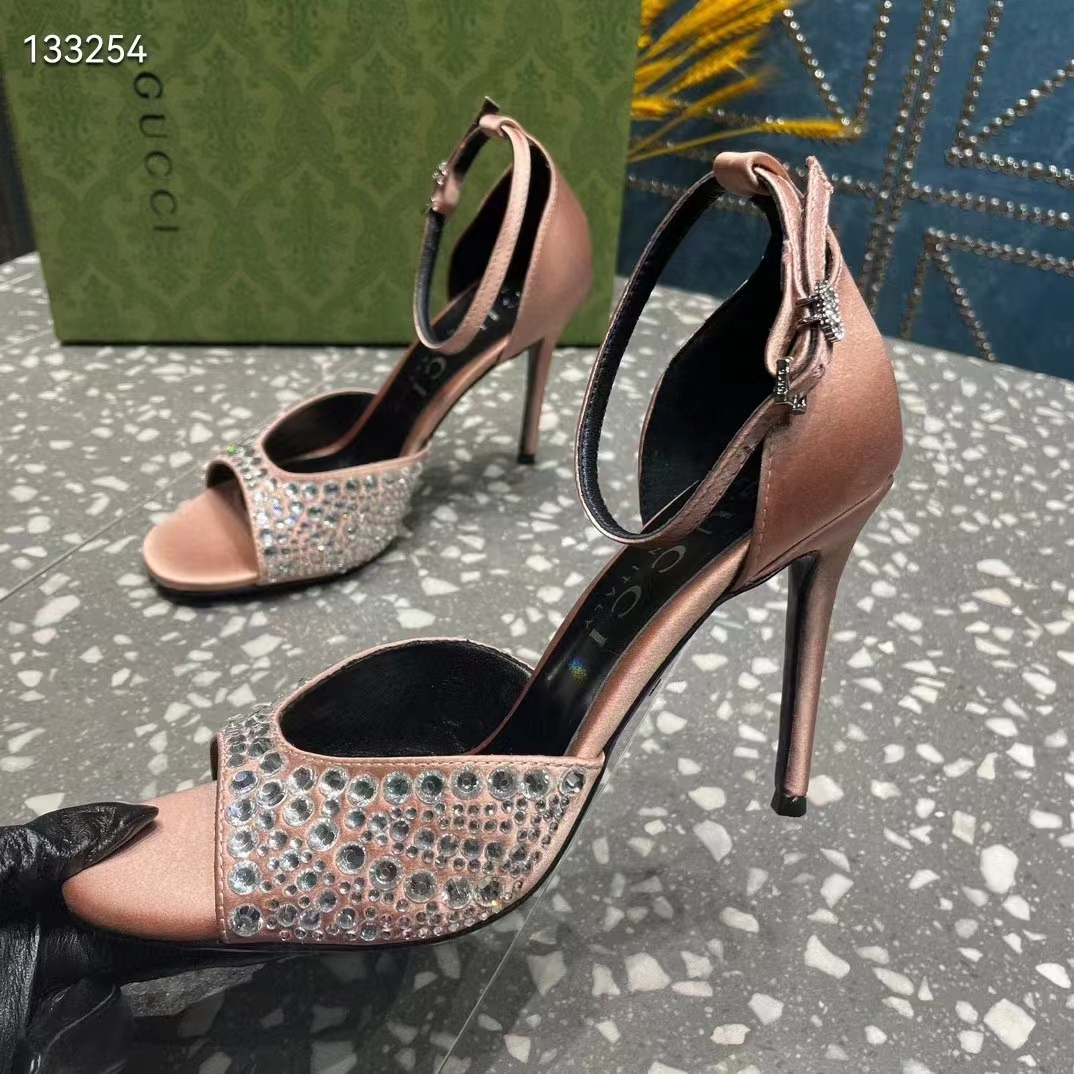 G*u*i women gg mid-heel sandals crystals silver satin 8 cm heel double g