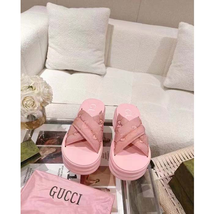 G*u*i women gg platform slide sandal light pink nylon rubber mid 6.4 cm heel