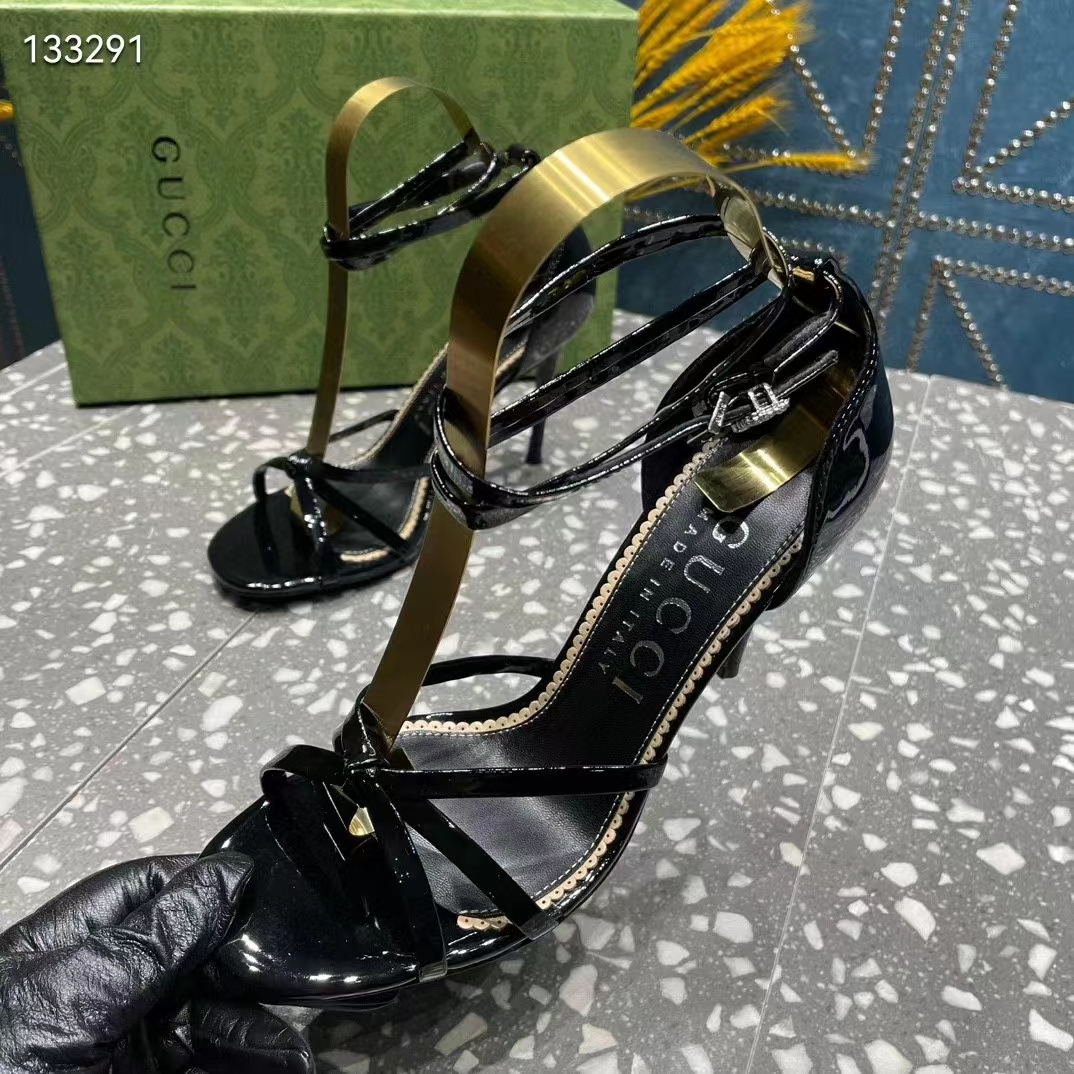 G*u*i women gg strappy sandal double g black patent leather crystal high 11 cm heel