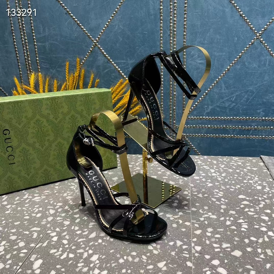 G*u*i women gg strappy sandal double g black patent leather crystal high 11 cm heel