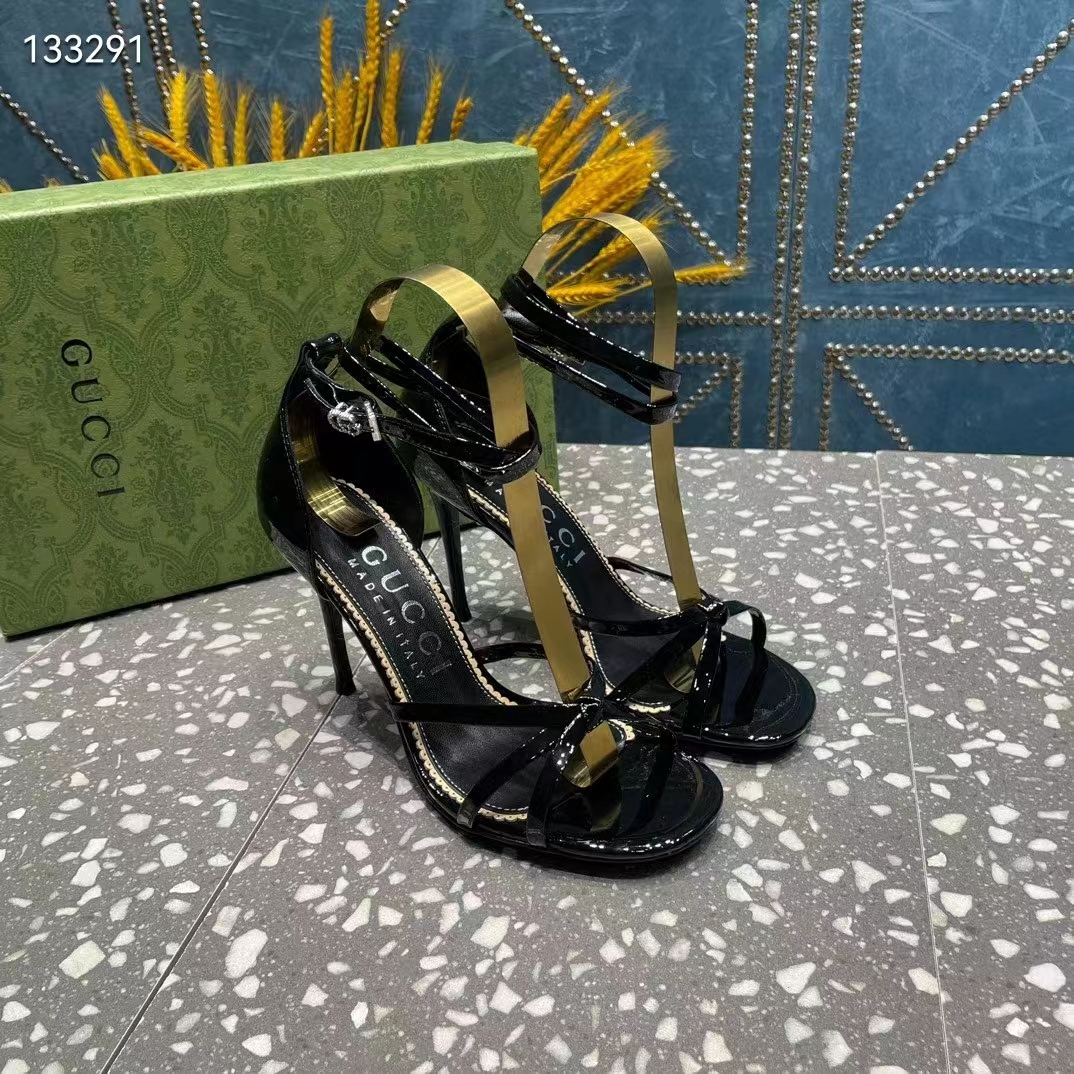 G*u*i women gg strappy sandal double g black patent leather crystal high 11 cm heel