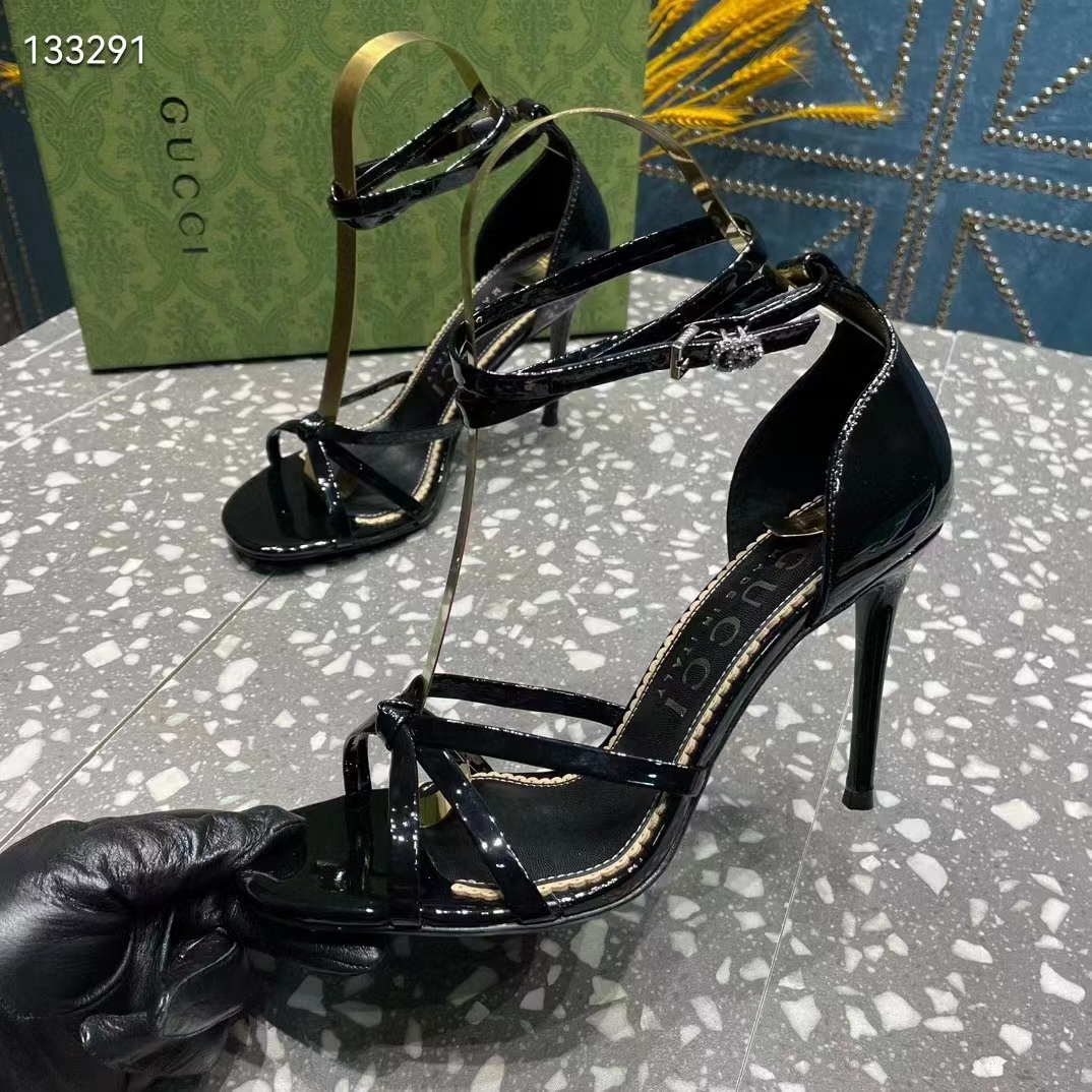 G*u*i women gg strappy sandal double g black patent leather crystal high 11 cm heel