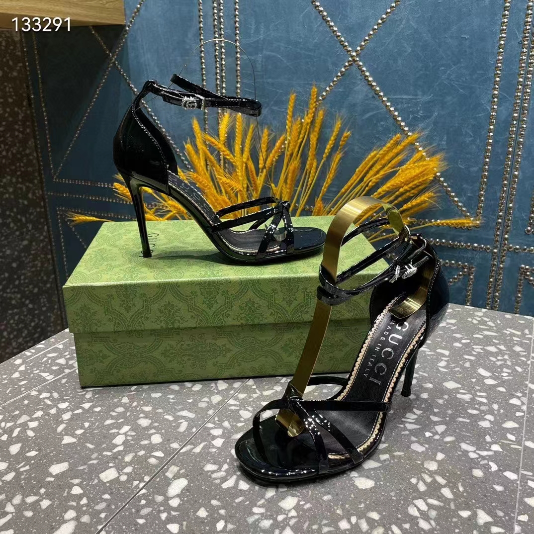 G*u*i women gg strappy sandal double g black patent leather crystal high 11 cm heel