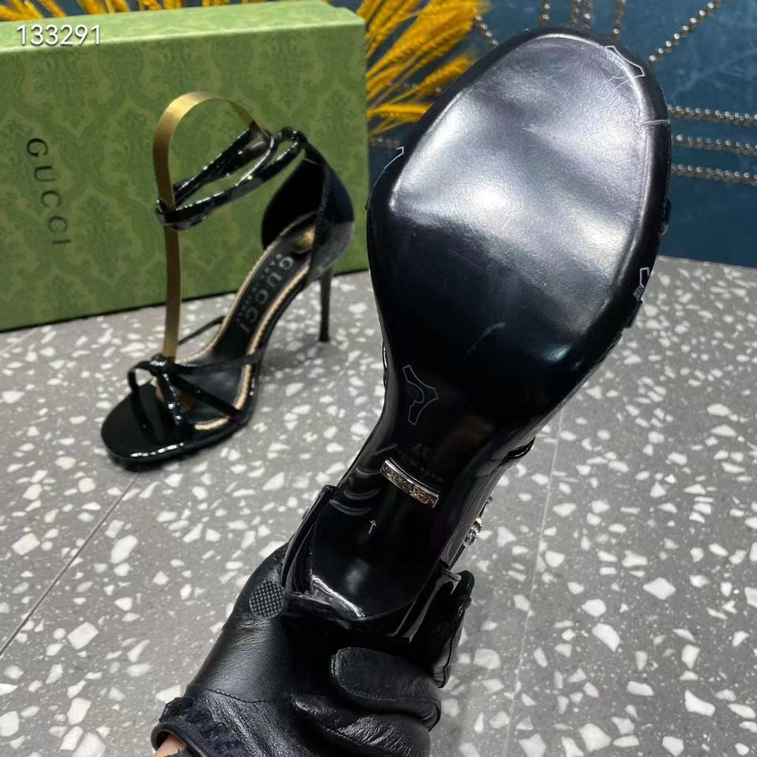 G*u*i women gg strappy sandal double g black patent leather crystal high 11 cm heel