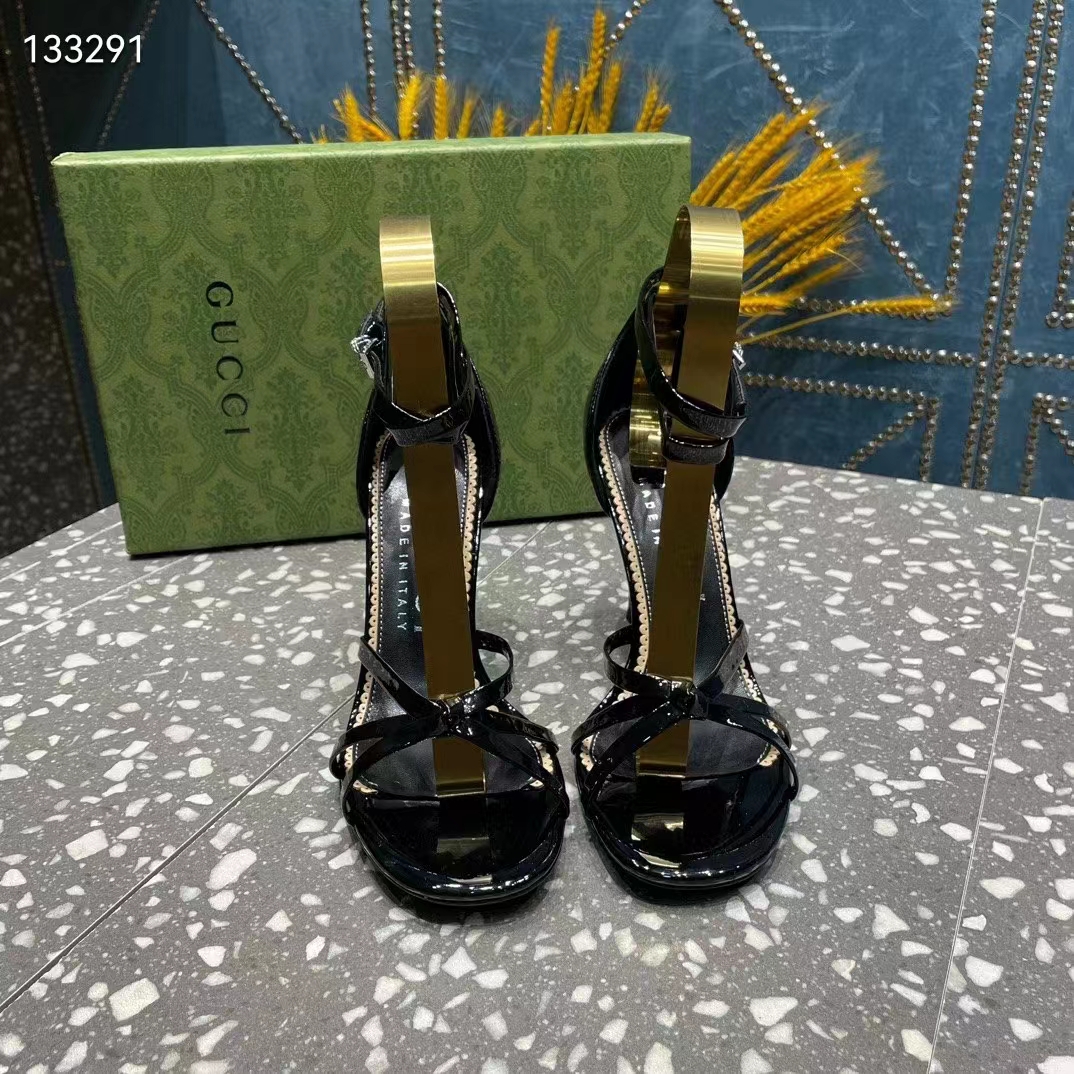 G*u*i women gg strappy sandal double g black patent leather crystal high 11 cm heel