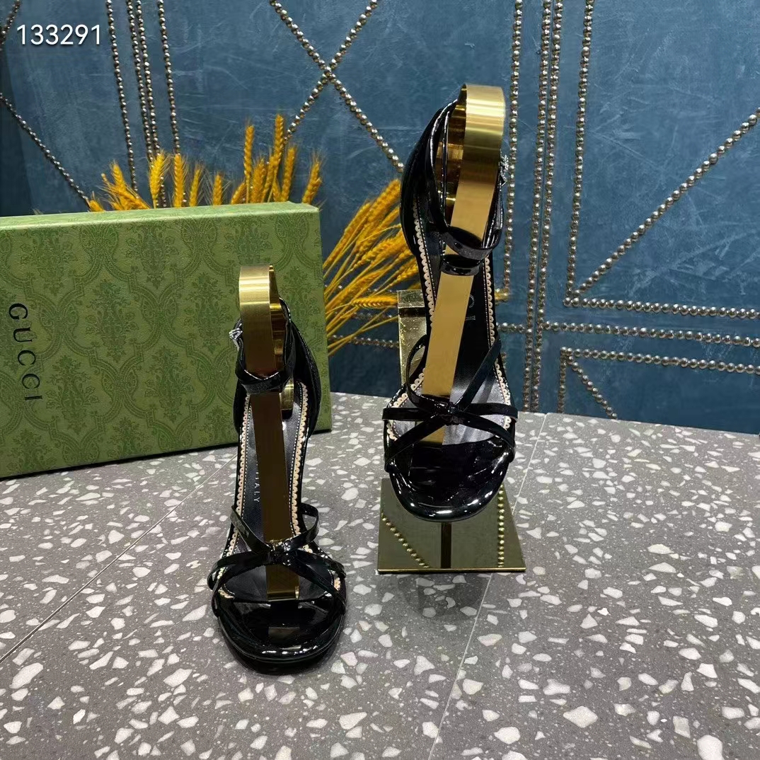 G*u*i women gg strappy sandal double g black patent leather crystal high 11 cm heel