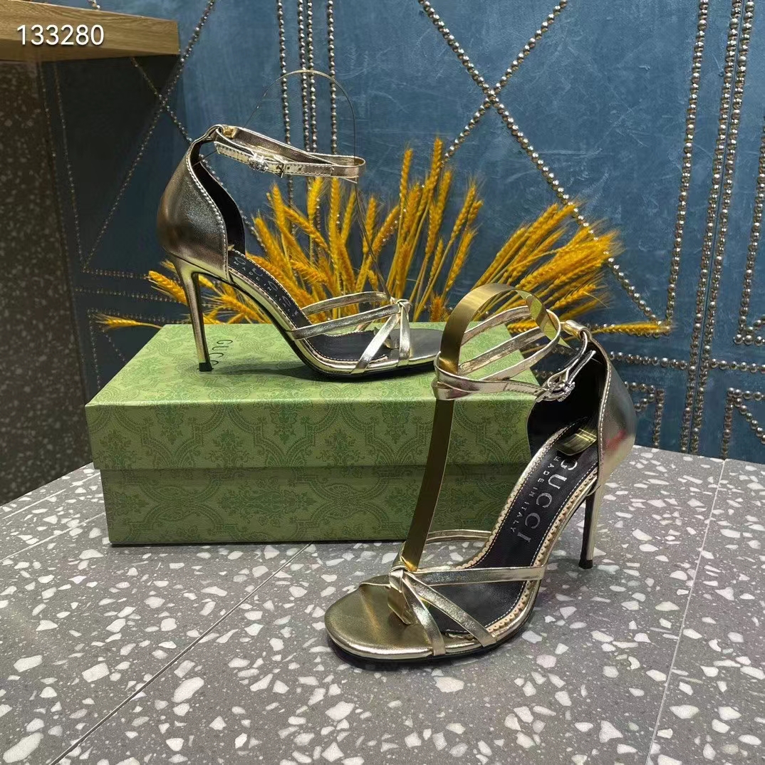 G*u*i women gg strappy sandal double g metallic platinum leather crystal high 11 cm heel