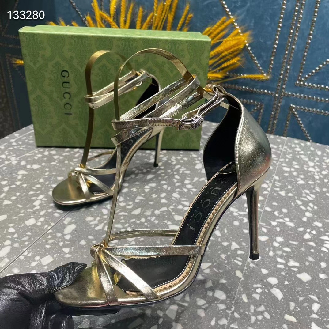G*u*i women gg strappy sandal double g metallic platinum leather crystal high 11 cm heel