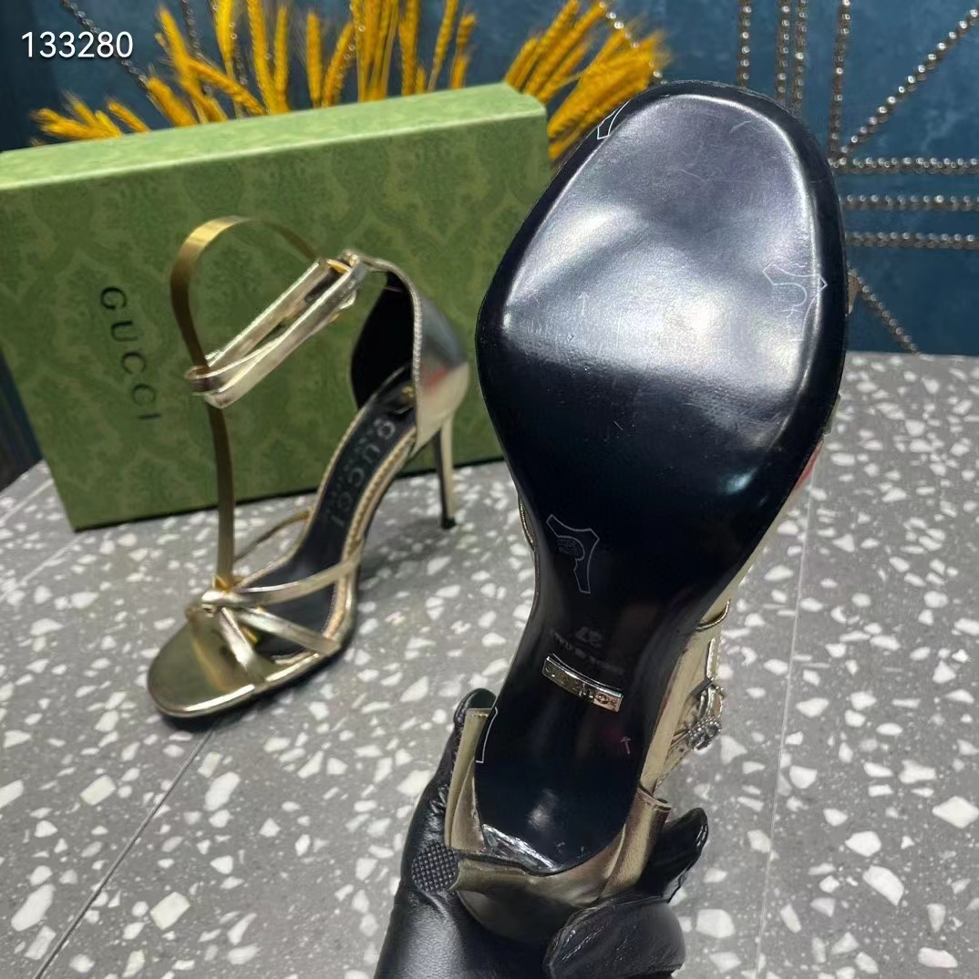 G*u*i women gg strappy sandal double g metallic platinum leather crystal high 11 cm heel