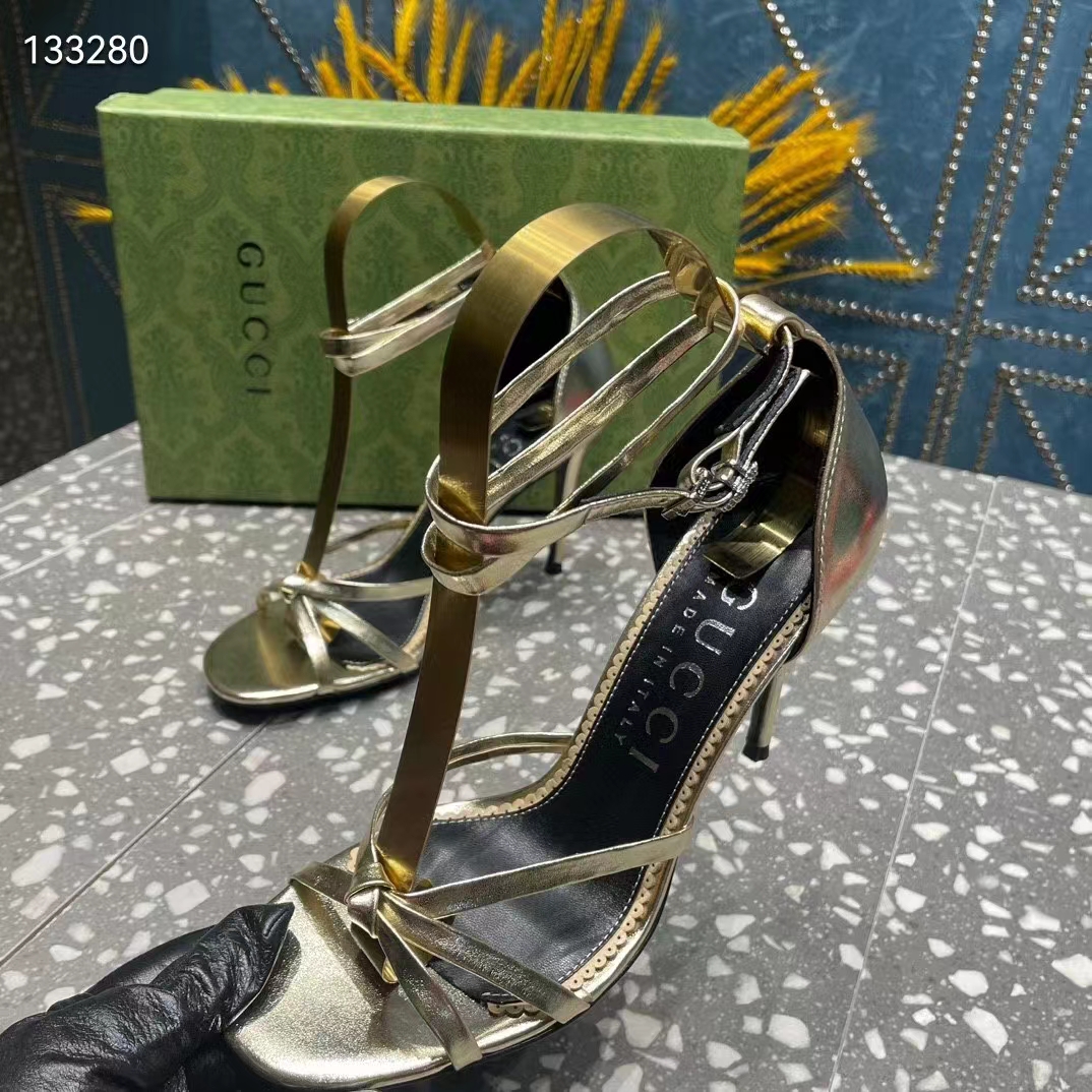 G*u*i women gg strappy sandal double g metallic platinum leather crystal high 11 cm heel