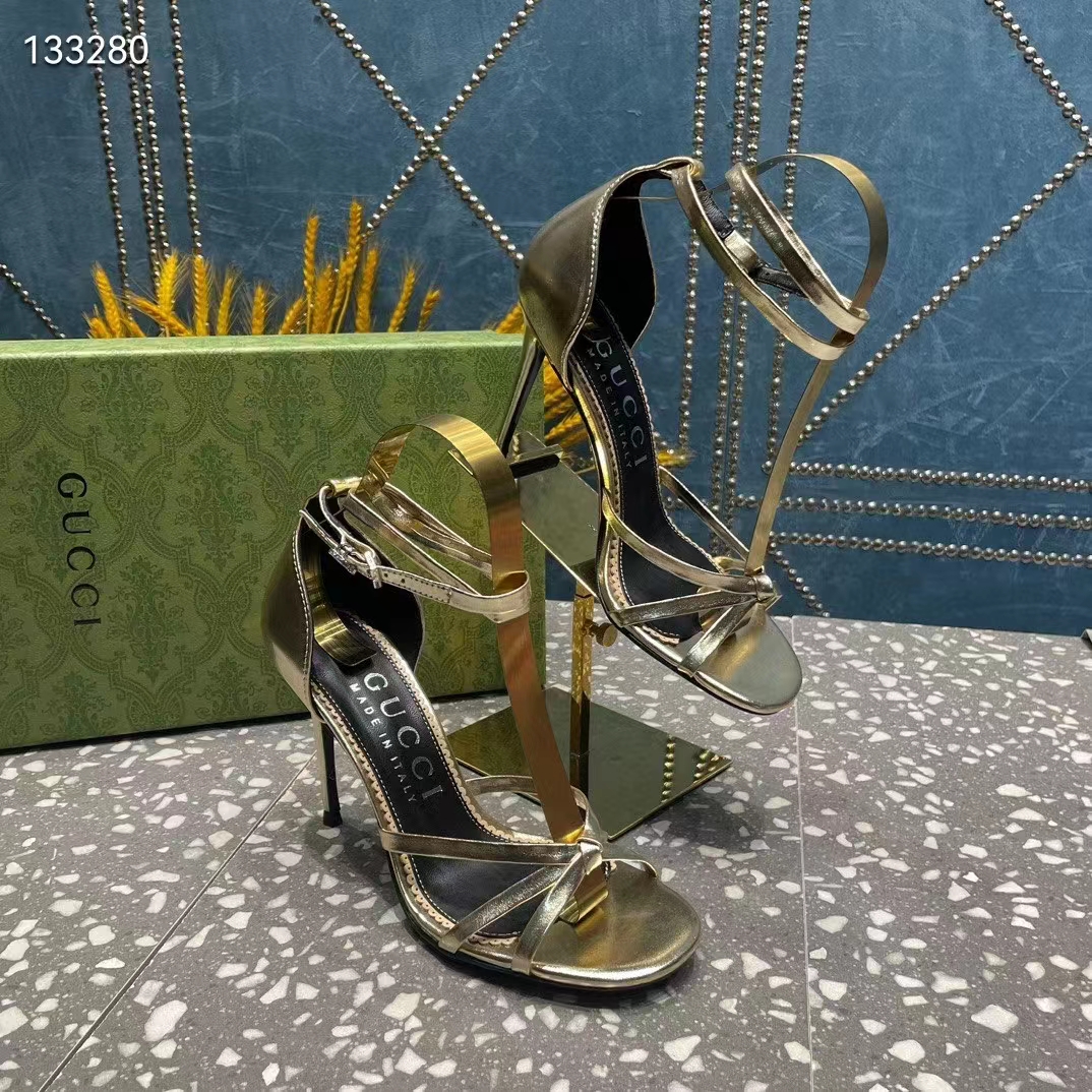 G*u*i women gg strappy sandal double g metallic platinum leather crystal high 11 cm heel