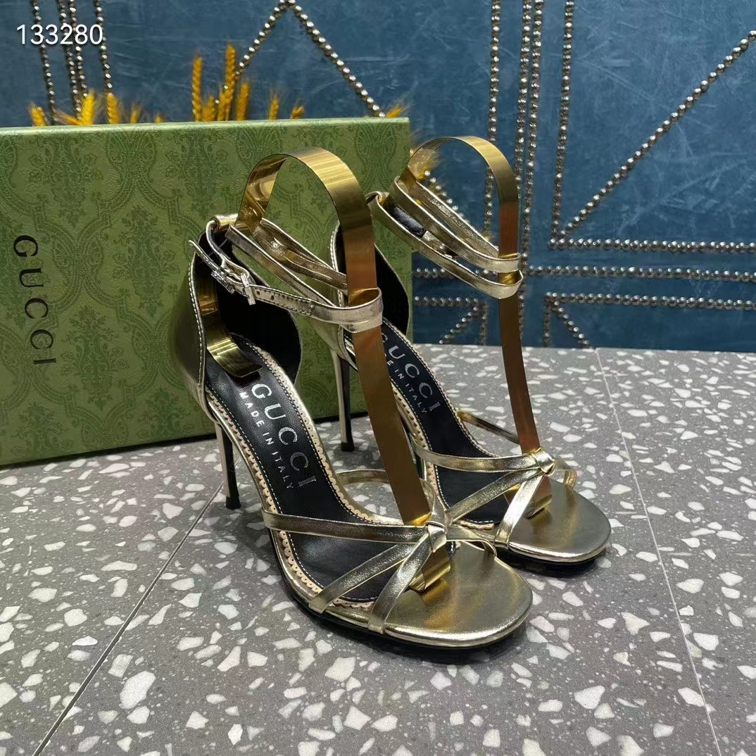 G*u*i women gg strappy sandal double g metallic platinum leather crystal high 11 cm heel