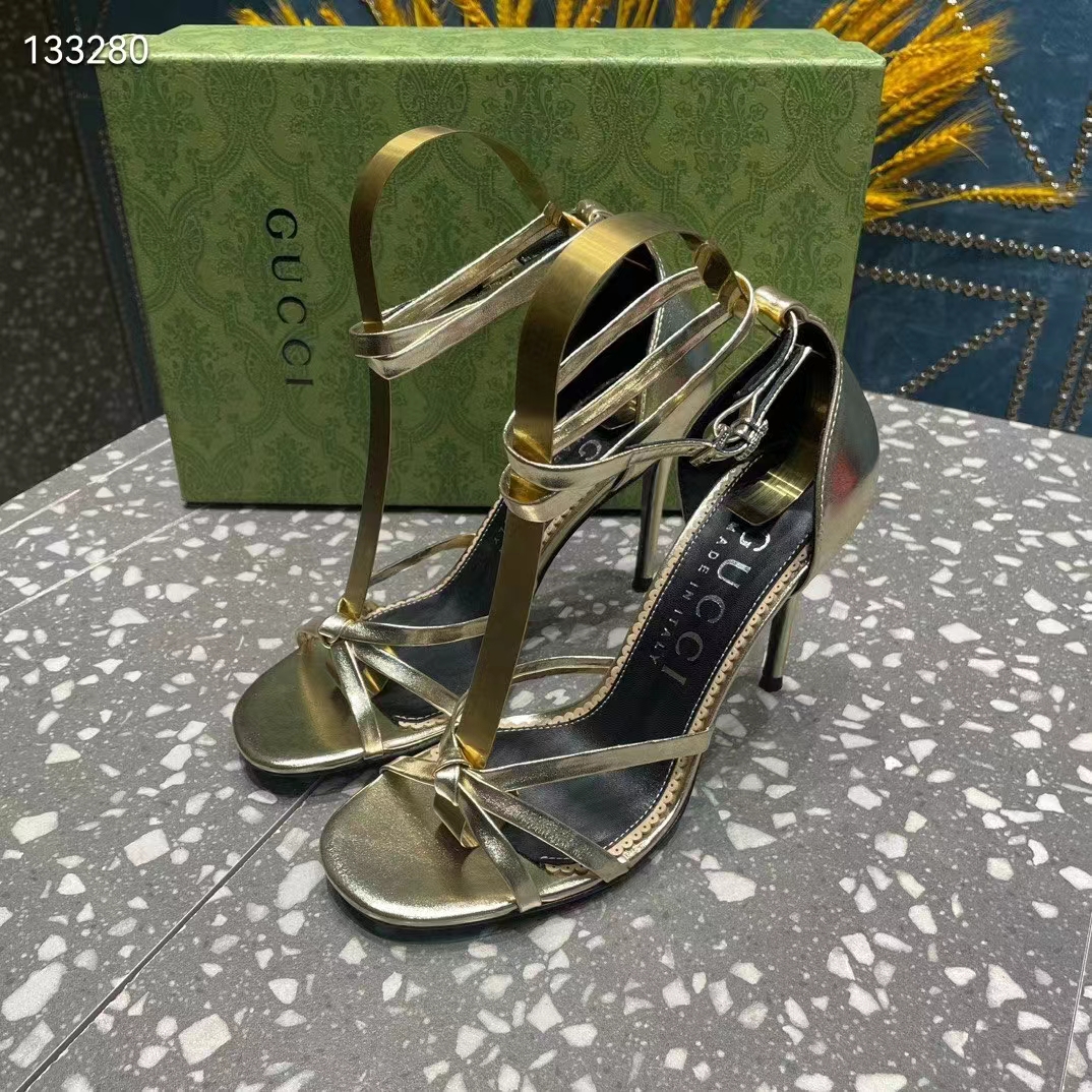 G*u*i women gg strappy sandal double g metallic platinum leather crystal high 11 cm heel