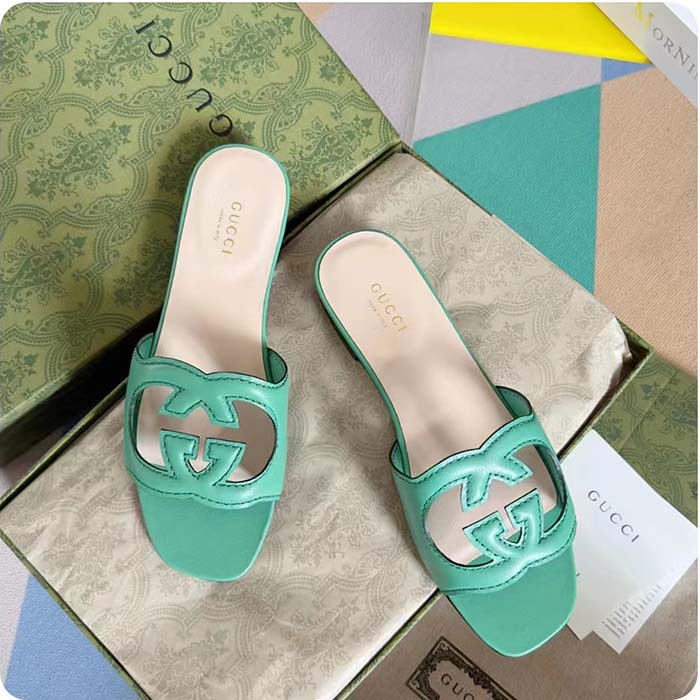 G*u*i women interlocking g cut out slide sandal bright green leather flat