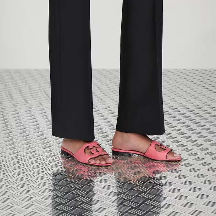 G*u*i women interlocking g cut out slide sandal dark pink leather flat