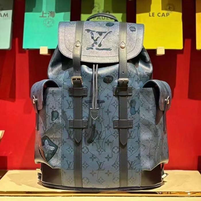 Louis Vuitton LV Unisex Christopher MM Backpack Abyss Blue Monogram Aquagarden Coated Canvas