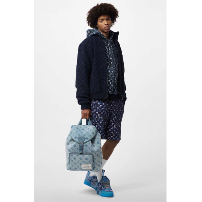 Louis Vuitton LV Unisex Montsouris Backpack Monogram Washed Denim Coated Canvas Cowhide Leather