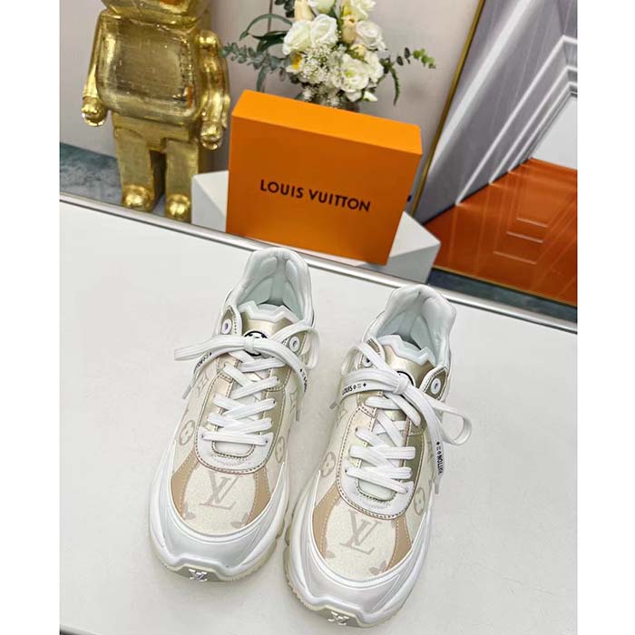 Louis Vuitton LV Unisex Run 55 Sneaker Beige Monogram Denim Lifted Rubber Outsole