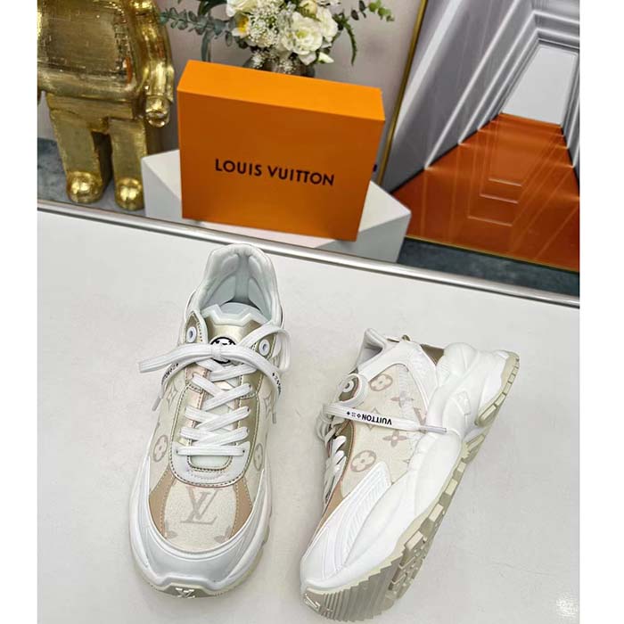 Louis Vuitton LV Unisex Run 55 Sneaker Beige Monogram Denim Lifted Rubber Outsole