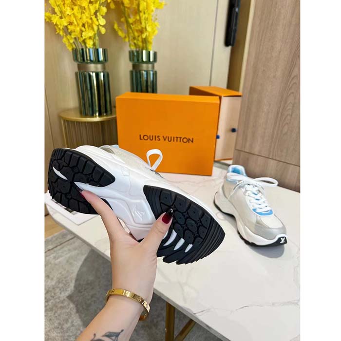 Louis Vuitton LV Unisex Run 55 Sneaker Denim Blue Mix Materials Lifted Rubber Outsole