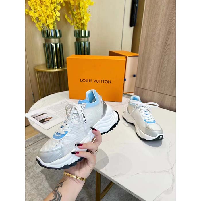 Louis Vuitton LV Unisex Run 55 Sneaker Denim Blue Mix Materials Lifted Rubber Outsole