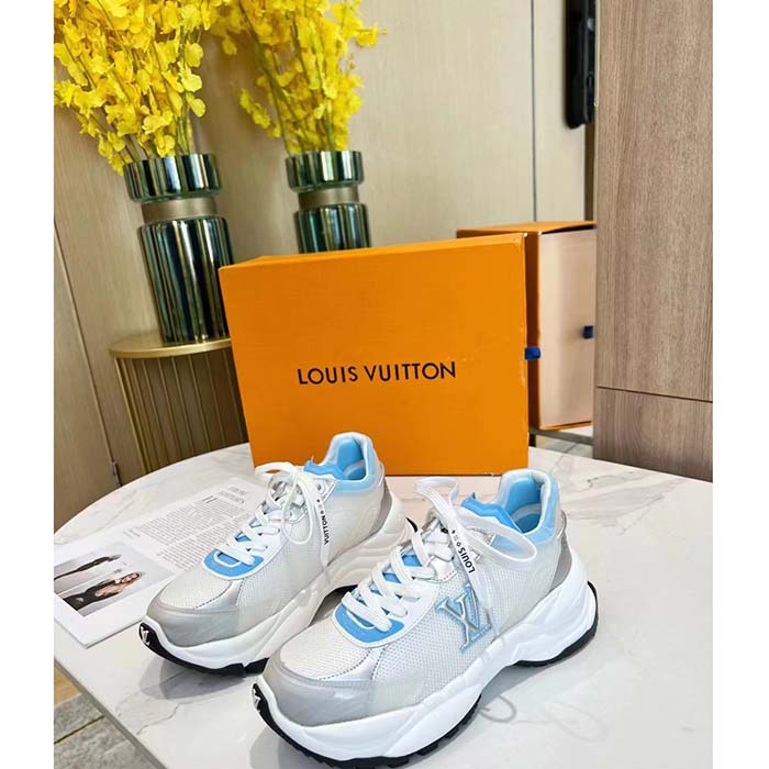 Louis Vuitton LV Unisex Run 55 Sneaker Denim Blue Mix Materials Lifted Rubber Outsole